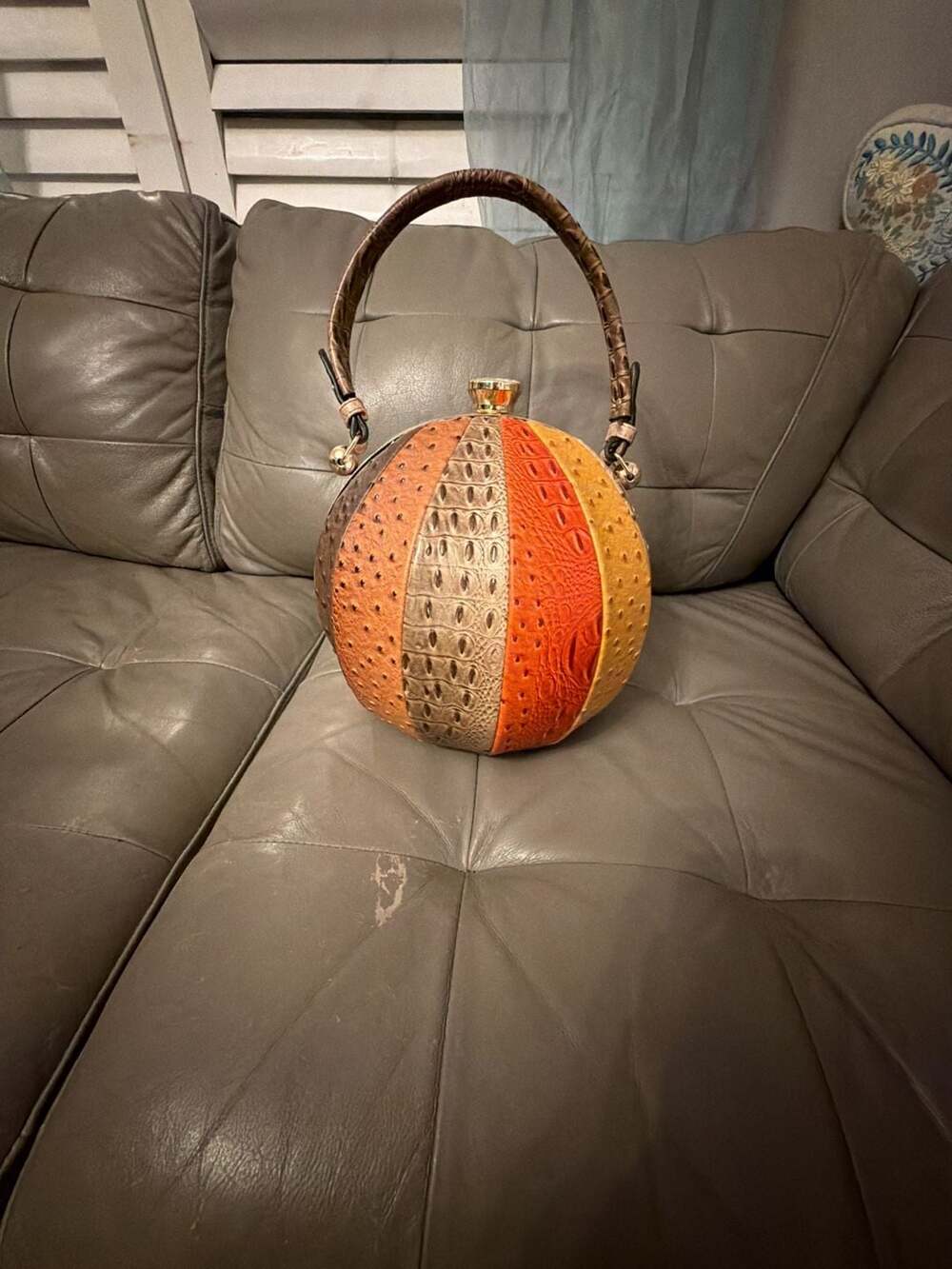 Mezon Ostrich Patchwork Ball Shaped Satchel Handbag Multicolor